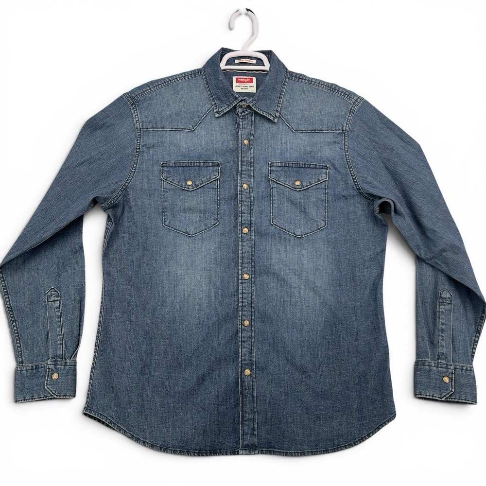 Wrangler Flex For Comfort Denim Western Snap Shirt Men's L Blue Stretch Pearl
